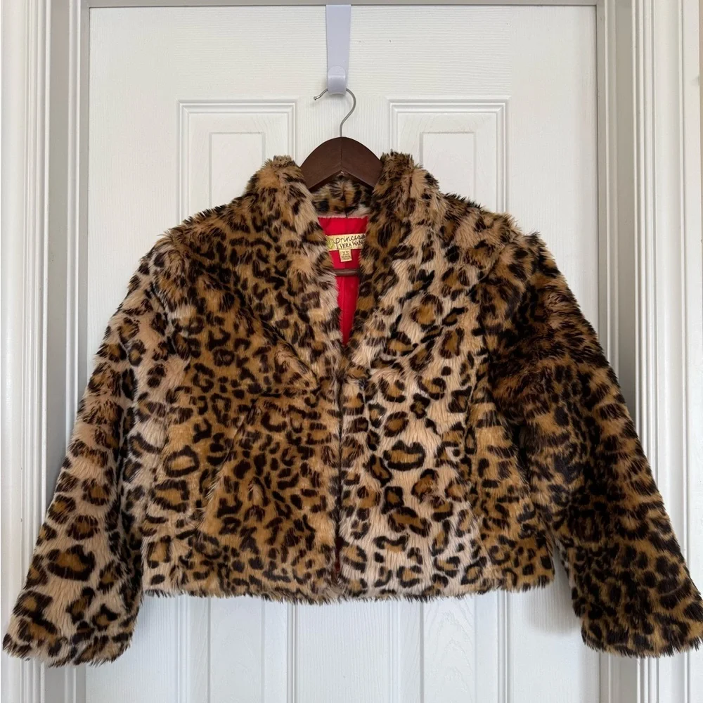 princess vera wang Girls Faux Fur Leopard Print Jacket - Brown & Black